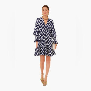 Pomander Place Navy Ikat Kenzo Dress Size Small Navy/White Chevron Pattern